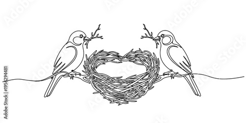Continuous Line Drawing of Two Birds Building a Heart Shaped Nest