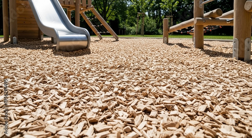 Wood chips in playground provide safe ground cover for outdoor play equipment, ensuring cushioned landings. Natural wood chips in playground offer crucial impact absorption, enhancing child safety.