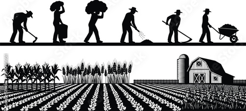 Agriculture farming silhouettes, farmers working in field with crops and barn landscape, rural harvest scene illustration isolated for agribusiness and cultivation concept