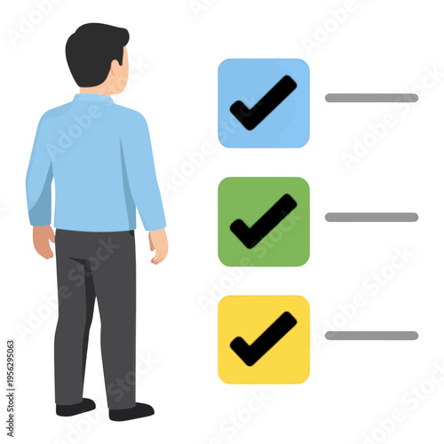 Man Standing Beside Three Colored Check Boxes Vector Icon