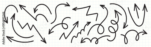 Hand-drawn arrow set with various directions, curves, zigzags and spirals. Doodle style black sketch arrows isolated on grid background, useful for navigation, infographics and design elements