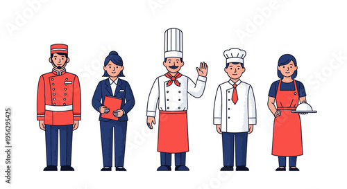 various restaurant staff in uniform standing in a row