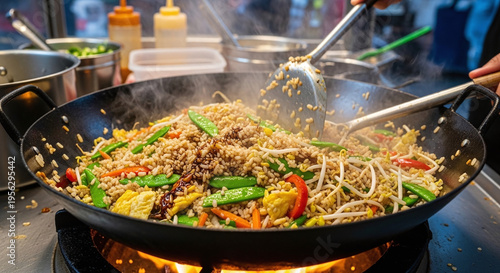 Wallpaper Mural Stir frying Delicious Fried Rice with Fresh Vegetables in a Large Wok over a Blazing Flame Torontodigital.ca