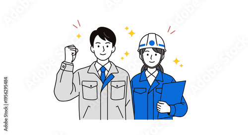 Two workers in uniform with happy expression