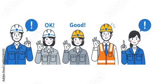 Construction workers giving thumbs up or down, various emotions and reactions