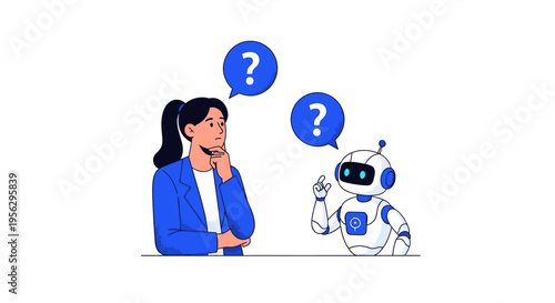 Woman and robot having conversation with question marks
