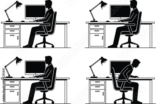 Ergonomic desk posture silhouettes, office workstation, computer monitor, keyboard mouse, desk lamp, swivel chair, good posture, poor posture, health illustration