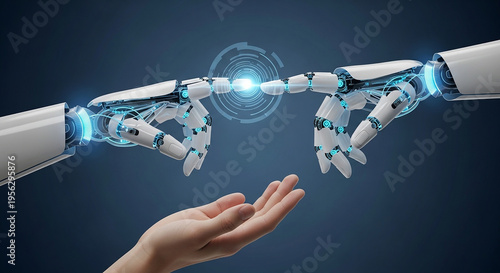 Human hand connecting with robotic hand.