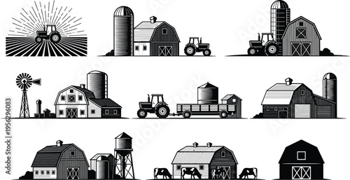 Farm buildings and tractor silhouettes set, agriculture barn collection with rural landscape elements, farming illustration isolated for agribusiness, countryside and harvest design