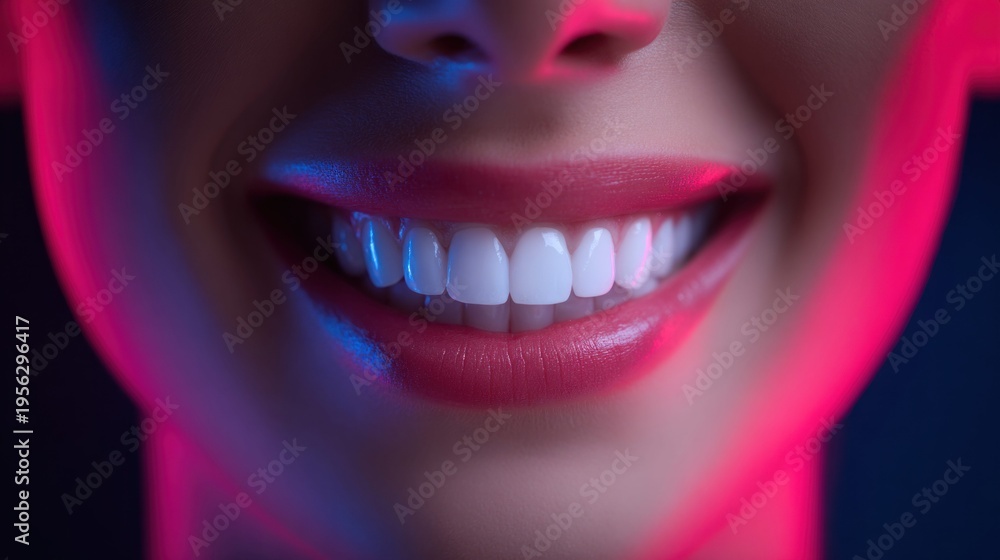 Naklejka premium Close-up of a woman's perfect white smile with vibrant pink lipstick and neon lighting