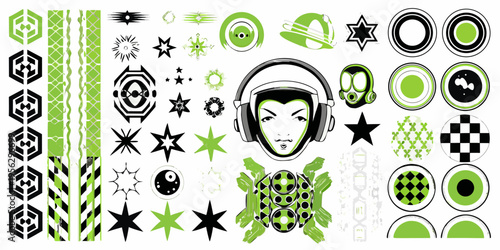 Collage of futuristic elements featuring a face with headphones