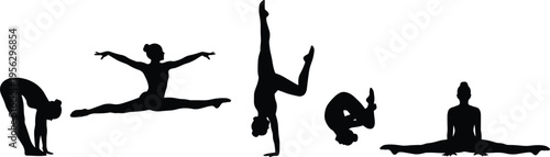 Black silhouette set of female rhythmic gymnasts and yoga athletes performing graceful floor exercises, splits, handstands, and stretching poses isolated on a white background.