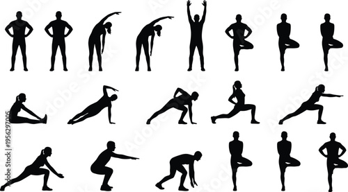 Black Silhouettes Set of People Doing Fitness Exercises Yoga Poses Stretching and Gym Workouts Isolated on White Background for Healthy Lifestyle Design and Infographics