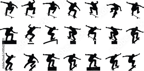 Collection of skateboarder silhouettes performing various tricks like ollie kickflip and grinds on ledges rails and ramps isolated on white background for urban design