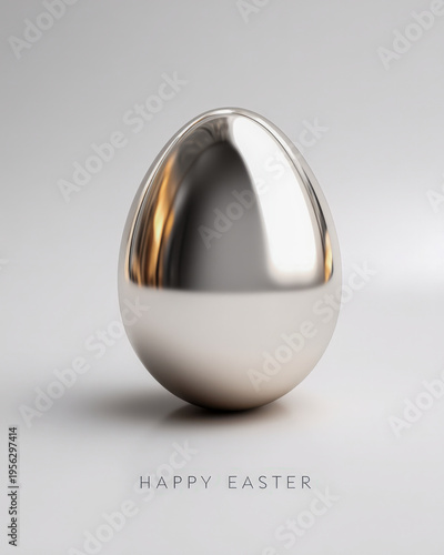 Polished chrome Easter egg on white surface with elegant Happy Easter greeting
