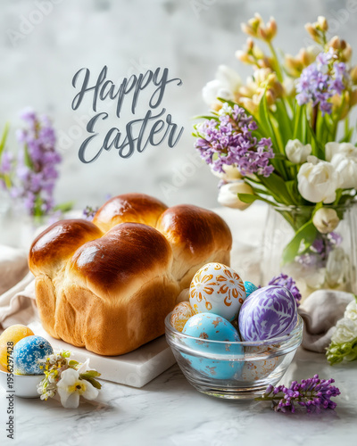 Easter brunch display with braided bread, decorated eggs, and spring flowers on marble