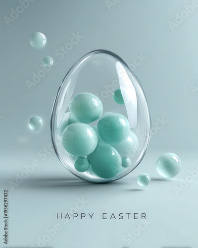 Futuristic Easter design with transparent glass egg and mint bubbles on white backdrop