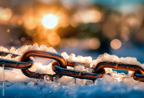 Chain covered in frost and snow at dawn in Winter