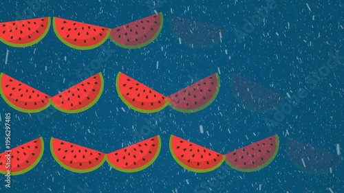 Animation of pink watermelon slices over snowflakes falling on dark background