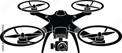 "Black and white illustration of quadcopter drone with circular rotor guards and mounted camera, representing modern aerial technology, surveillance, photography, videography, innovation, and sleek 
