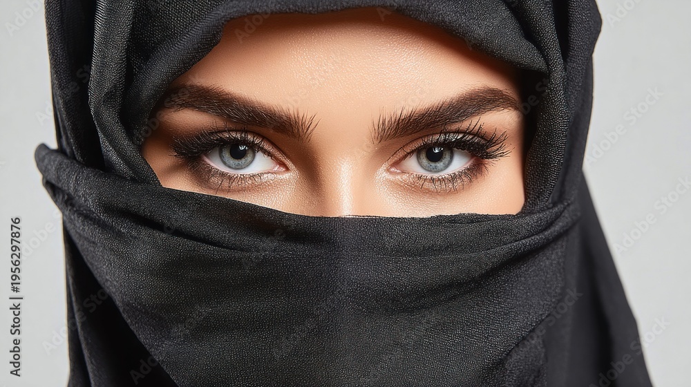 Naklejka premium Close-up of a woman's striking blue eyes and perfectly shaped eyebrows covered by a black hijab