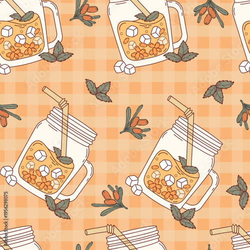Sea Buckthorn Lemonade Mason Jars Seamless Pattern. Summer Beverage with Berries, Ice Cubes, Straw and Mint Leaves on Orange Gingham Checkered Background. Vector Illustration