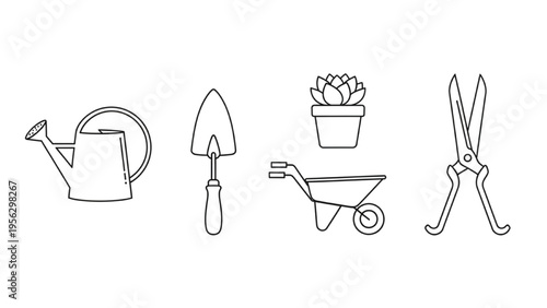 Gardening & Plants Icon Set, Minimal Vector Line Art, Watering Can, Garden Trowel, Potted Succulent, Wheelbarrow, Pruning Shears, Backyard Horticulture