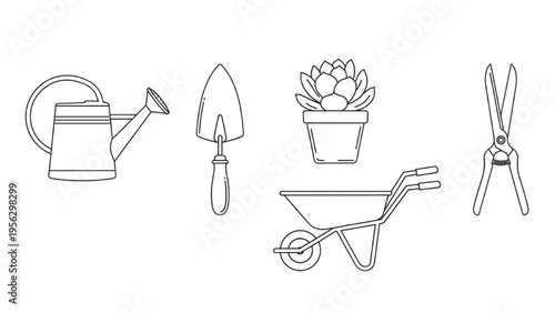 Gardening & Plants Icon Set, Minimal Vector Line Art, Watering Can, Garden Trowel, Potted Succulent, Wheelbarrow, Garden Shears, Horticulture Symbols
