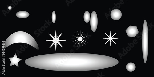 A set of black and white Christmas balls featuring stars and snowflakes floating in a dark winter night sky with a cosmic universe of planets and stars in a vector illustration