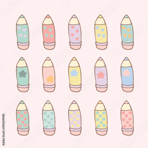 Set of cute decorative pencil illustrations with different patterns including hearts, stars, and polka dots. Hand-drawn in soft pastel colors with simple outlines and minimal style. Repeating design e