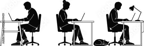 Laptop desk silhouettes, office workspace, home office setup, male and female figures, cat under desk, productivity illustration, ergonomic design, study posture