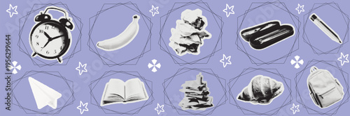 Halftone pop art dot alarm clock banana flower hotdog pen paper plane book stones croissant backpack objects set vector illustration