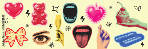 Halftone pop art dot heart balloon gummy bear lips open mouth tongue eye champagne glass bow cupcake hand elements vector illustration