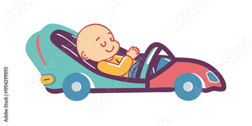 Baby sleeping peacefully in colorful car seat with a cheerful expression