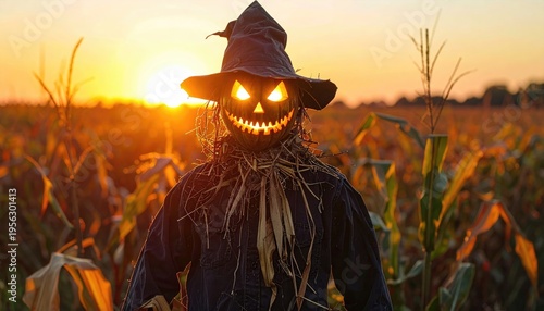 Scary Jack O Lantern Scarecrow in a Cornfield at Sunset.