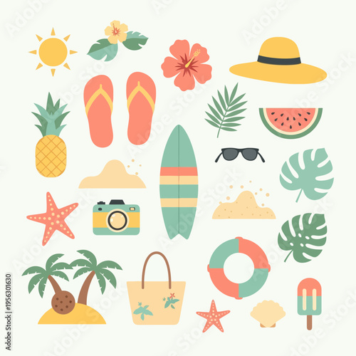 Summer beach icon set flat vector illustration with sun pineapple flip flops surfboard hat sunglasses watermelon tropical leaves camera lifebuoy shell and seaside accessories