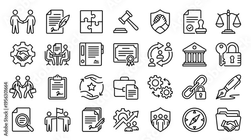 Business and Legal Line Icons Set for Professional Documents and Corporate Agreements