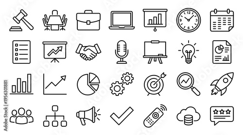 Set of business and management line icons for professional office work and corporate projects