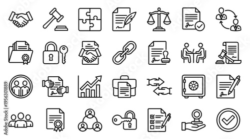 Set of legal and business line icons representing law contract agreement and corporate management