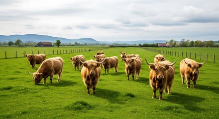 Highland cows grazing in a green pasture, photos from Scotland