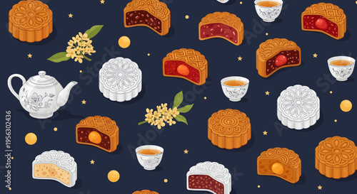 Traditional Chinese Dessert and Pastry Icon Set with Mooncake and Sweet Snacks Illustration
