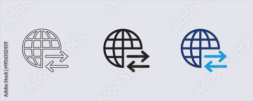 A vector icon representing an Internet Exchange or data transfer, global data movement, such as importing and exporting information or syncing data across a network. a globe with a grid pattern paired