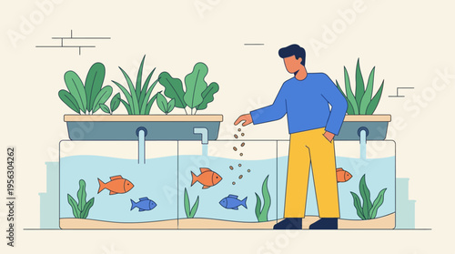 Sustainable Aquaponics System Man Feeding Fish and Tending Plants