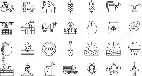 Smart Agriculture and Eco Farming Icon Set with Tractor, Greenhouse, Livestock and Sustainable Tools