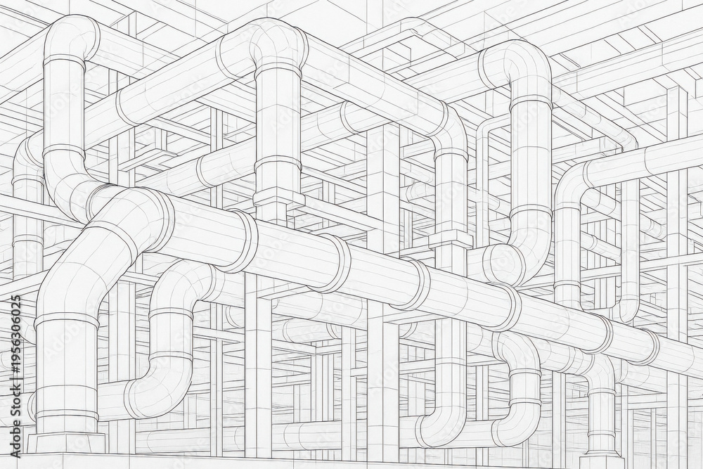 Fototapeta premium Industrial piping infrastructure shown in technical drawing. This futuristic isometric illustration with complex geometric arrangement creates an intricate background