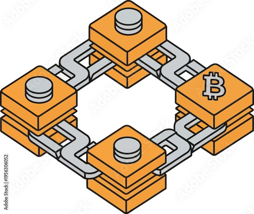 Isometric Blockchain Network Vector Illustration with Bitcoin Symbol for Cryptocurrency and Decentralized Finance
