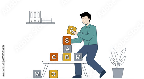  Self development or career growth and job improvement, growing up or job promotion concept, businessman building staircase to progress ascending business growth. stock illustrations