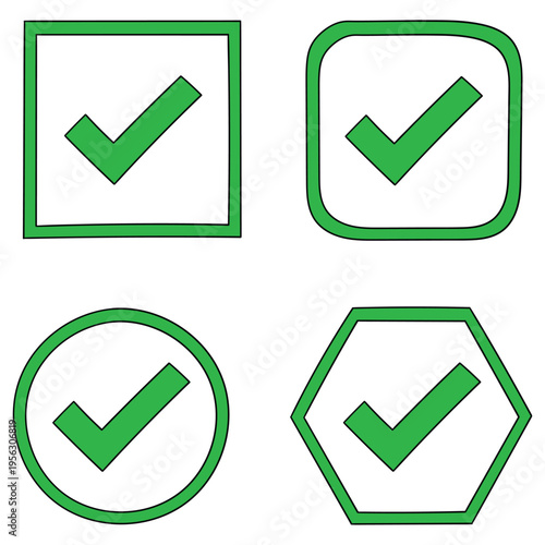 Hand-drawn cartoon set of green check marks on a white background.