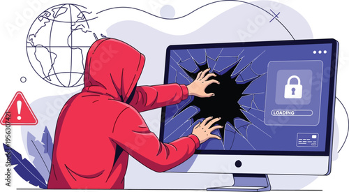 Cybersecurity concept of a hooded figure breaking into a computer system, illustrating digital security breach and data theft