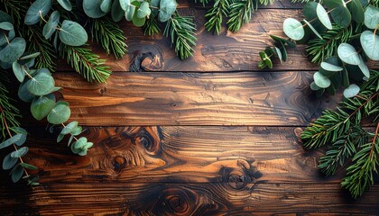 Rustic Wooden Tabletop Decorated with Evergreen Branches and Eucalyptus Leaves.